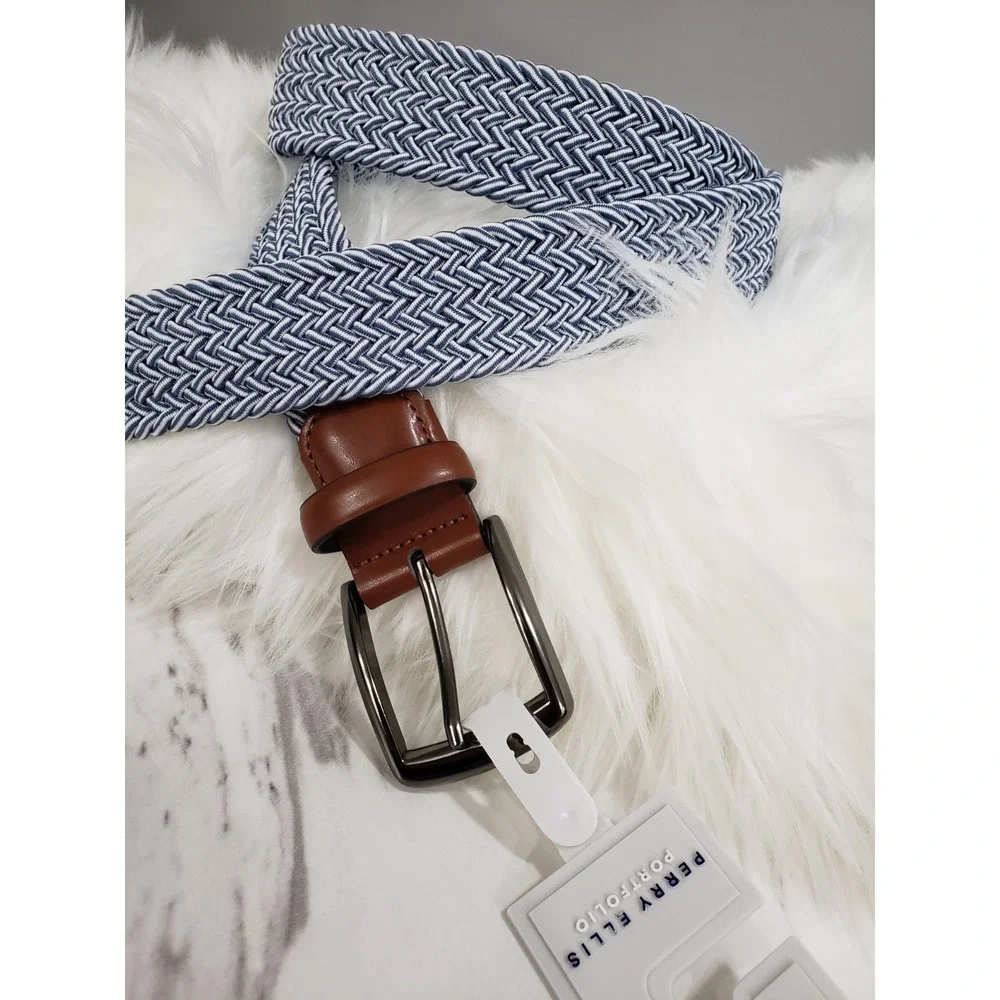 NEW‎ Perry Ellis Men Blue Stretch Woven Belt Golf Preppy Dress Up 34-36 White