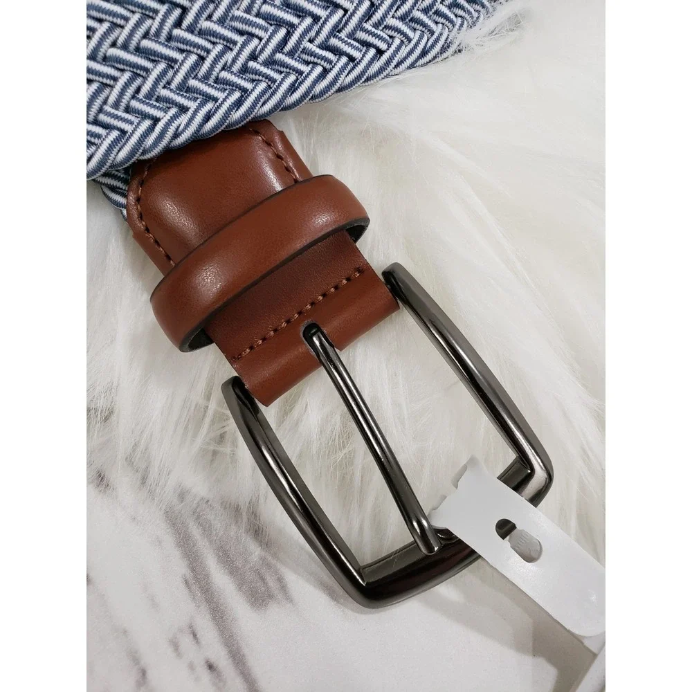 NEW‎ Perry Ellis Men Blue Stretch Woven Belt Golf Preppy Dress Up 34-36 White
