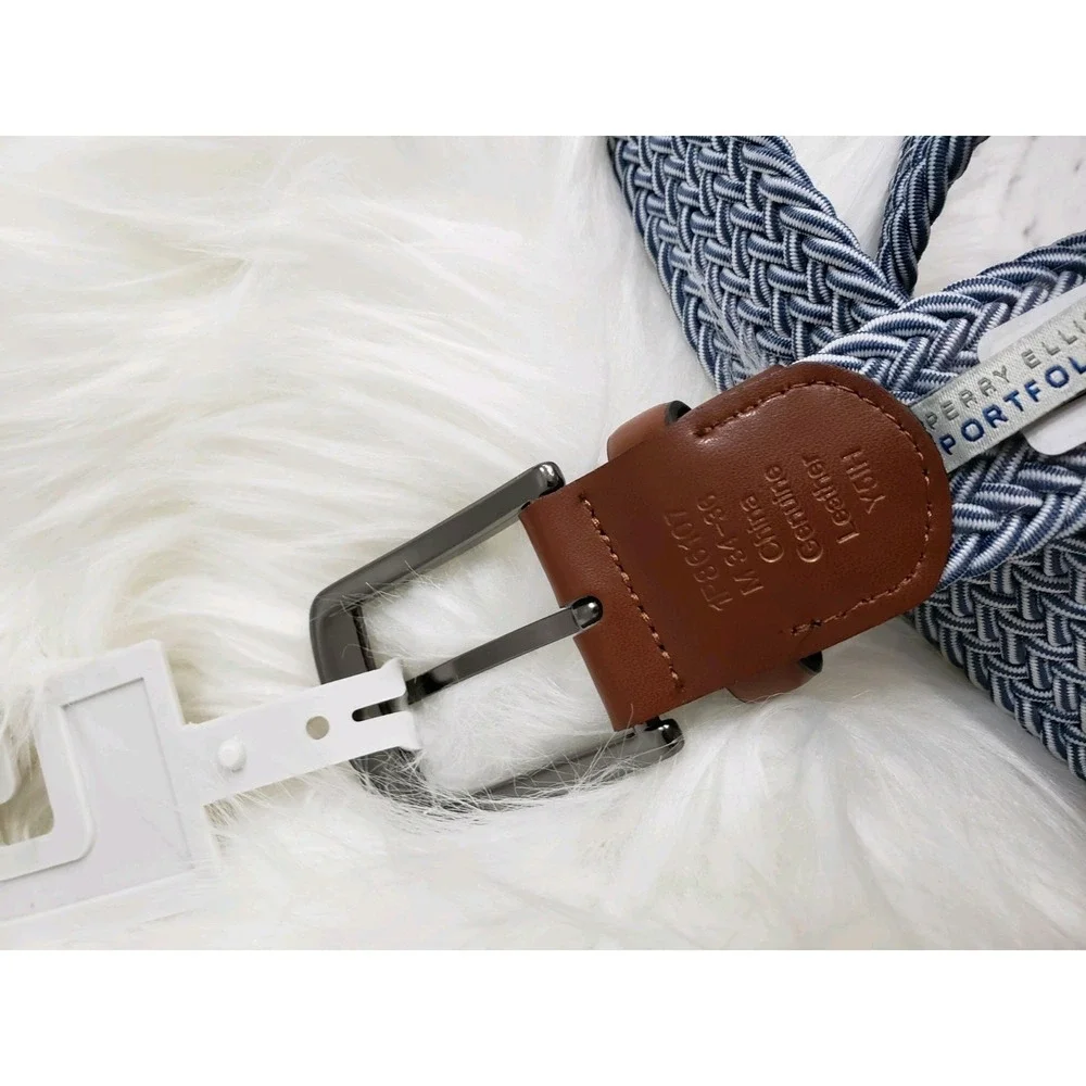 NEW‎ Perry Ellis Men Blue Stretch Woven Belt Golf Preppy Dress Up 34-36 White