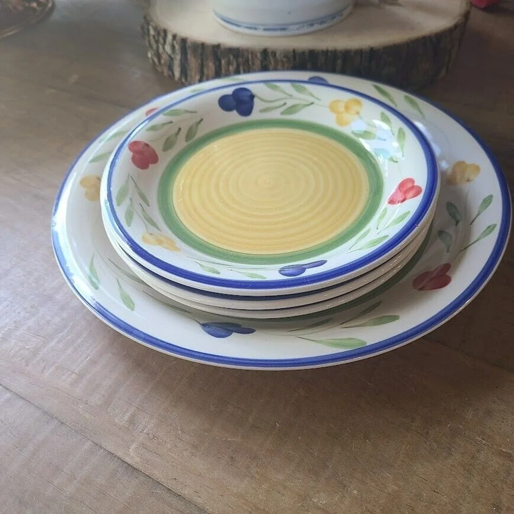 Pier 1 122 Hand Painted‎ Stoneware Salad Dinner Plates Floral Set Of 4