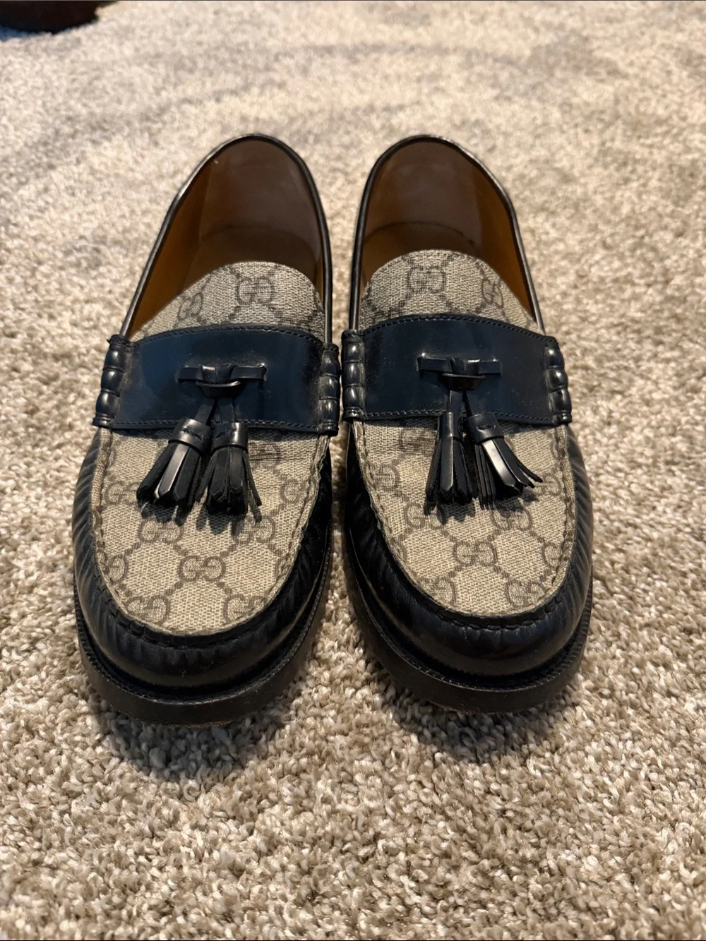 Gucci Beige GG Canvas and Black Leather Tassel Loafers