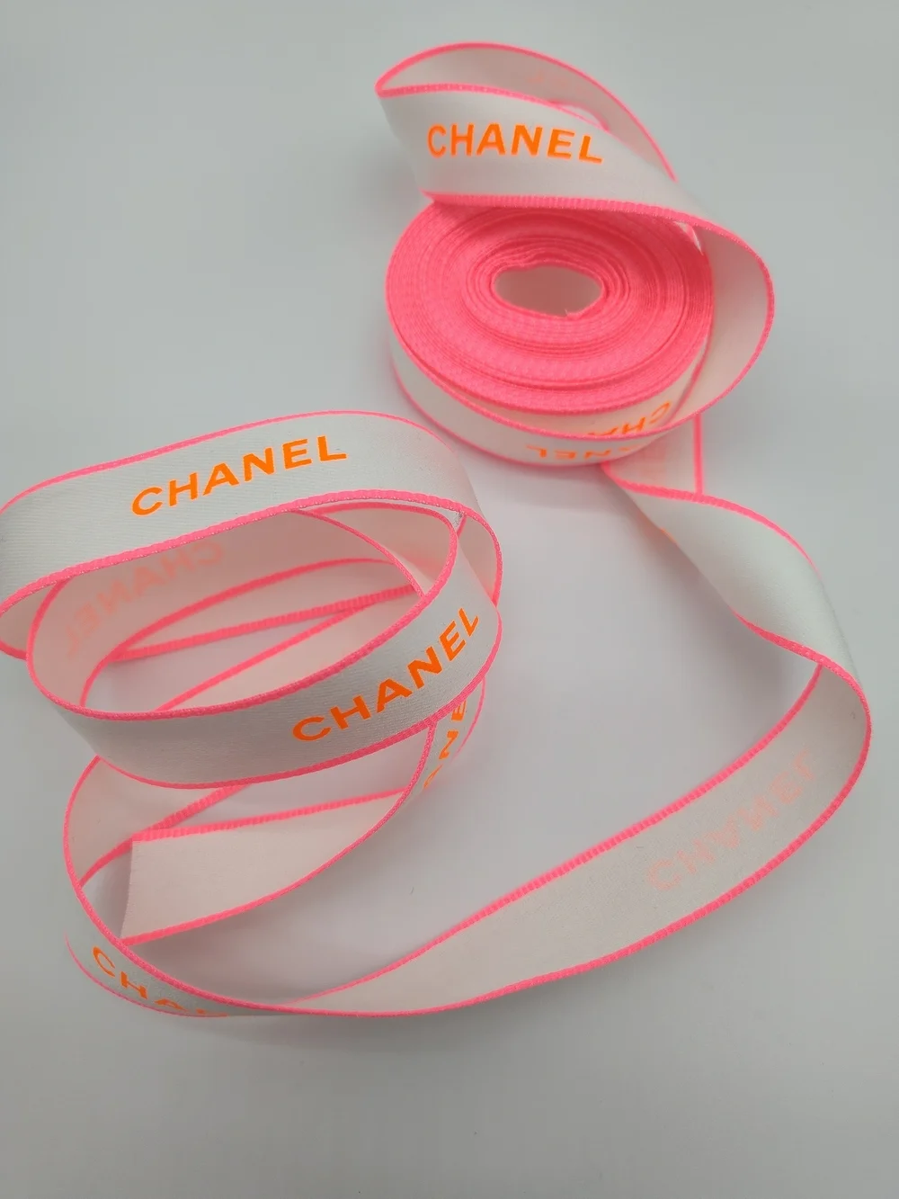 CHANEL Neon Pink Orange White Ribbon 2 Yards Luxury Gift Wrap Trim 3/4
