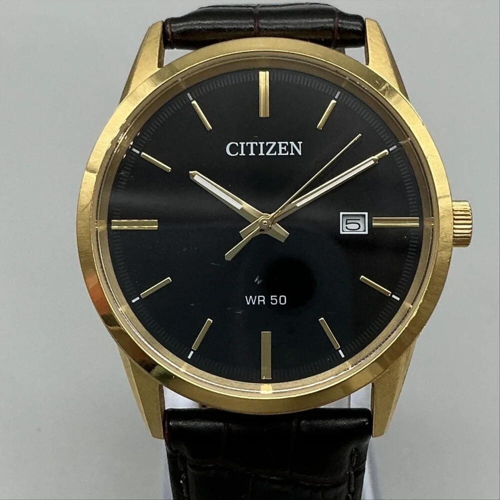 Citizen WR 50 Mens Watch 38mm Black Dial Date Gold Tone Brown Leather Band