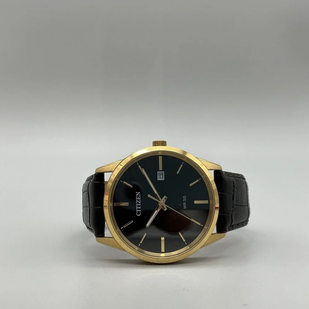 Citizen WR 50 Mens Watch 38mm Black Dial Date Gold Tone Brown Leather Band