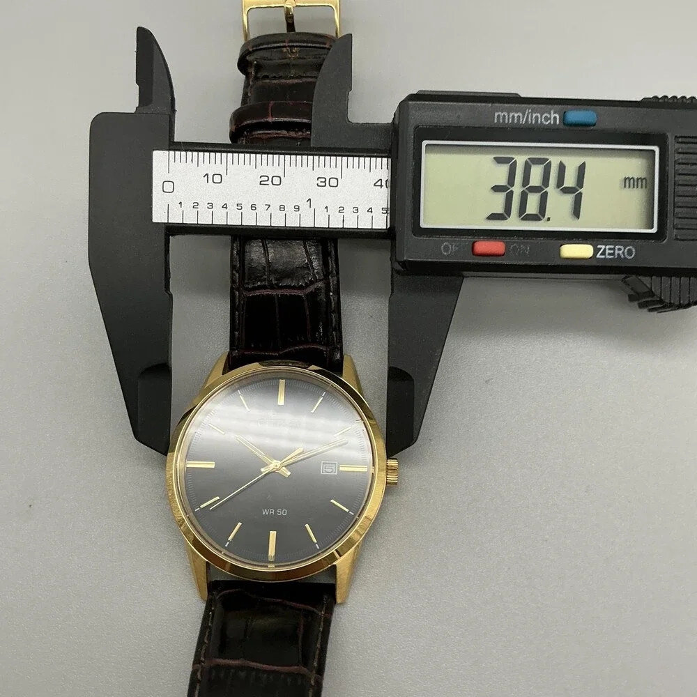 Citizen WR 50 Mens Watch 38mm Black Dial Date Gold Tone Brown Leather Band