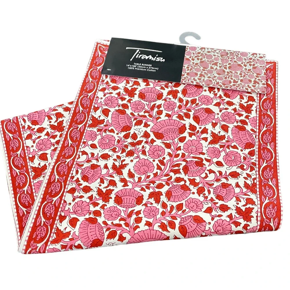 TIRAMISU Spring Pink Red Floral 100% Premium Cotton Table Runner 14