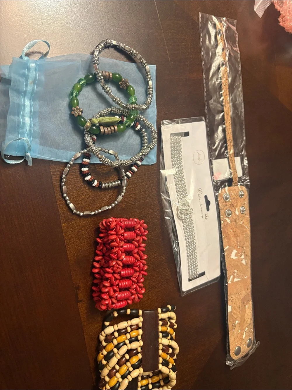 Handmade Beaded Bracelet Stack - Red, Green, Black & Natural Tones