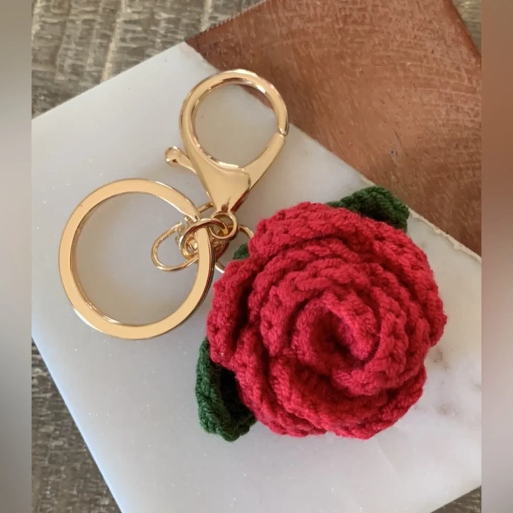 Crocheted Red Rose Keychain Bag Charm
