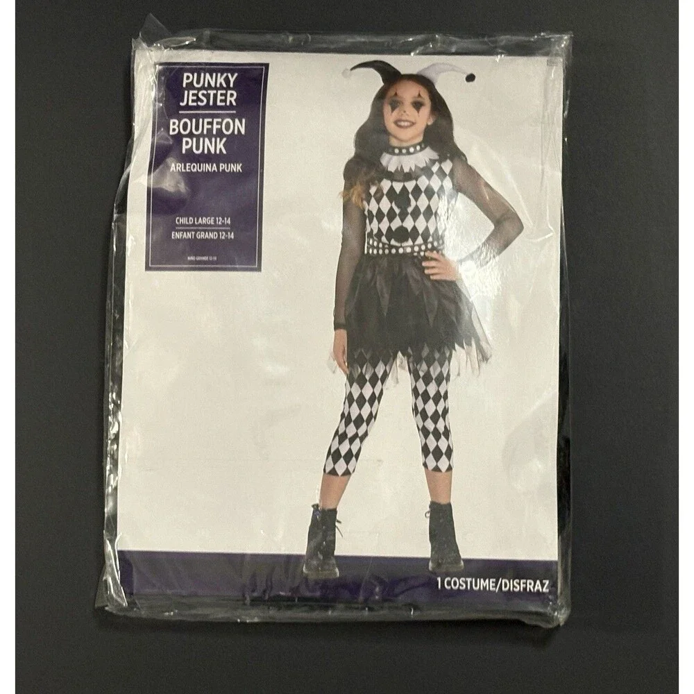 Punky Jester Halloween Costume Girls Sz Large 10-12 Black White Harlequin Circus