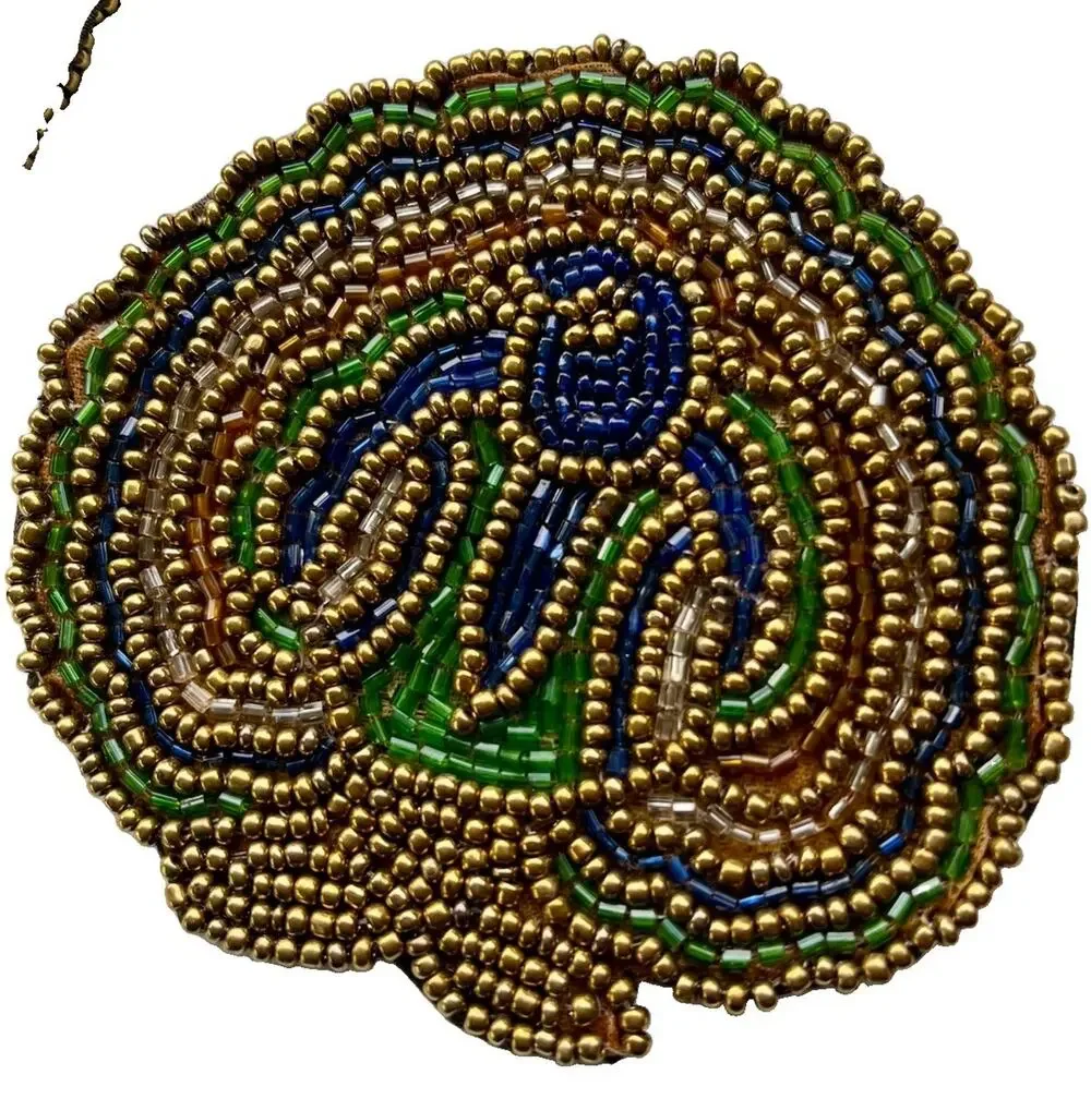 VTG Silk back Beaded Peacock Coasters Set of 5 Retro Art deco Blue Green Gold