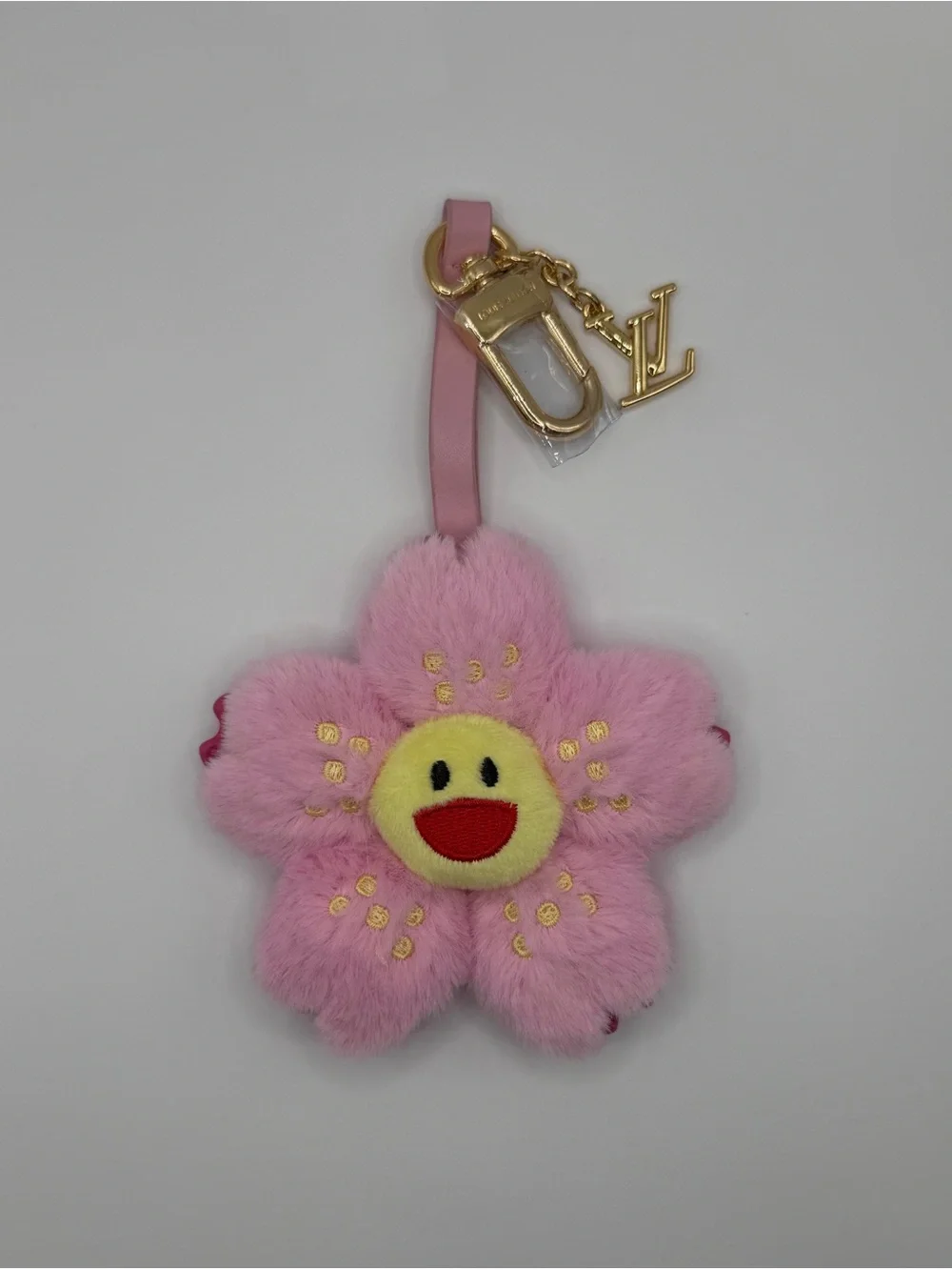 Louis Vuitton Pink Floral Fur Charm with Gold LV Hardware
