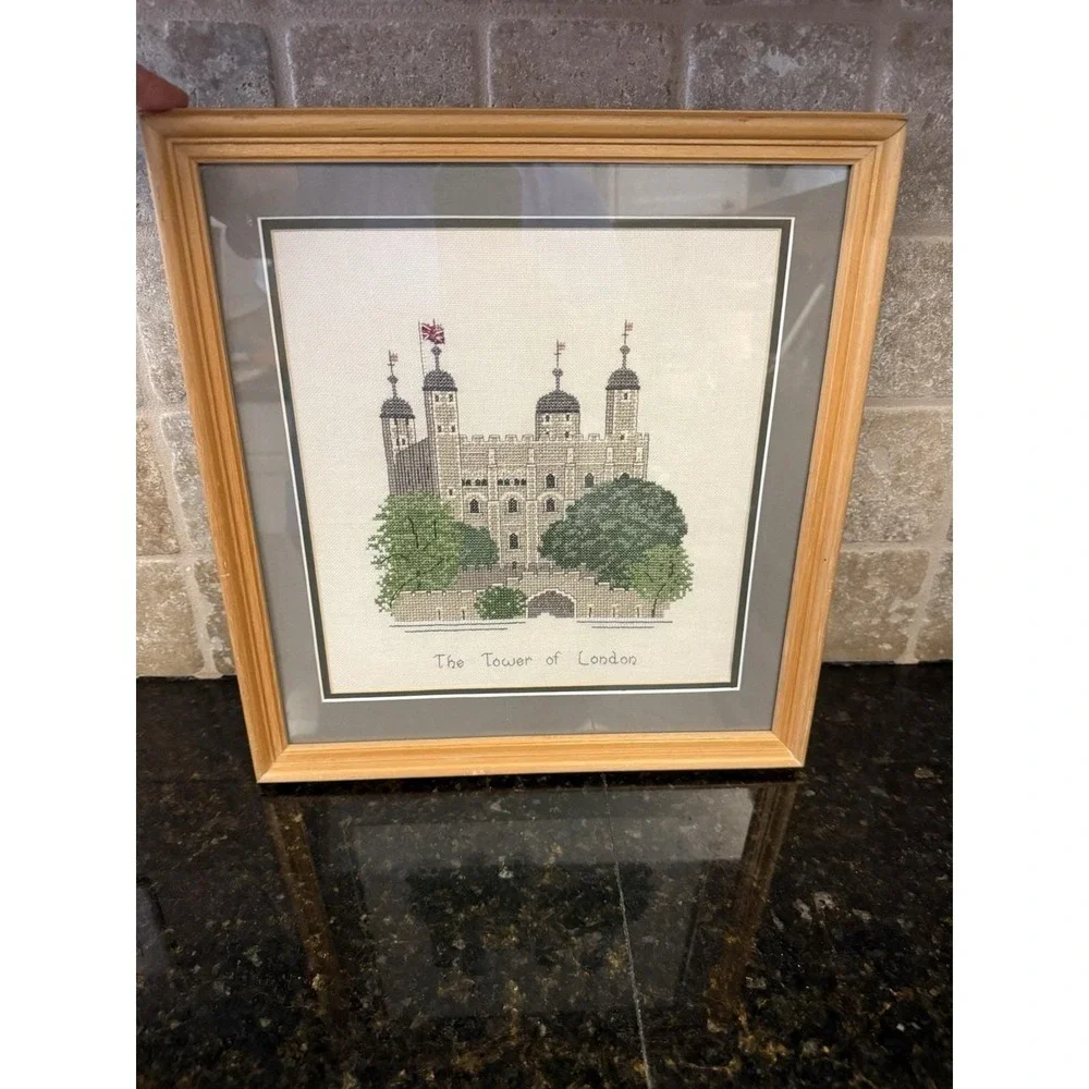 Vintage Framed Cross Stitch Tower Of London 13.5x14‎ Wall Art UK Cottagecore