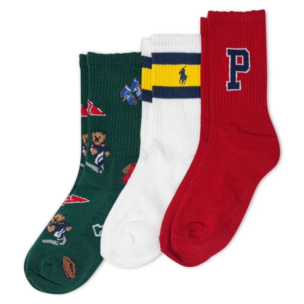 Polo Ralph Lauren Boys Football Crew 3 Pack Socks Size 4-7 Assorted