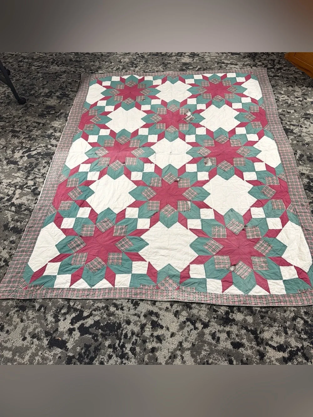 VTG Antique Very Old Quilt Blanket Patchwork 8 Pointed Stars 3D Hand Sewn 80x64”