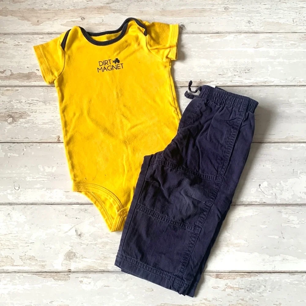 Carters 12m Boys Outfit Navy Blue Pants Dirt Magnet Yellow Onesie Baby Kids