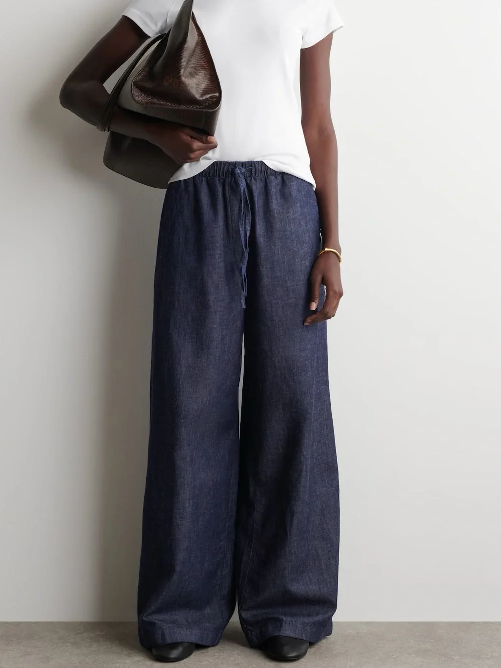 COS DENIM WIDE LEG DRAWSTRING PANTS 6 indigo LINEN BLEND MINIMALIST Casual