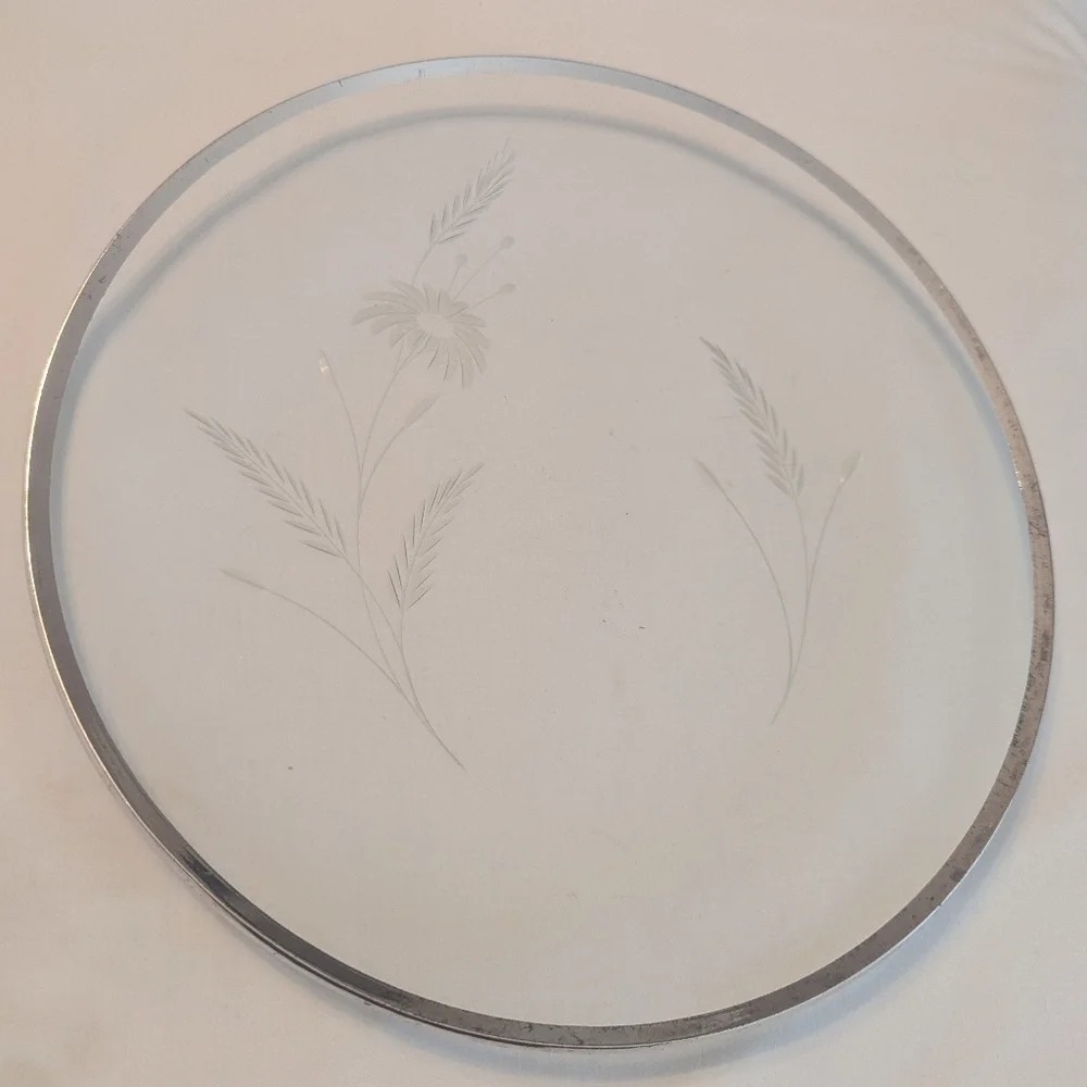50s Wildflower Etched Glass Round Silver Rimmed Cake Plate Platter 11.75