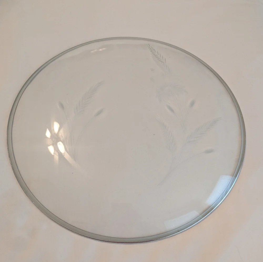 50s Wildflower Etched Glass Round Silver Rimmed Cake Plate Platter 11.75