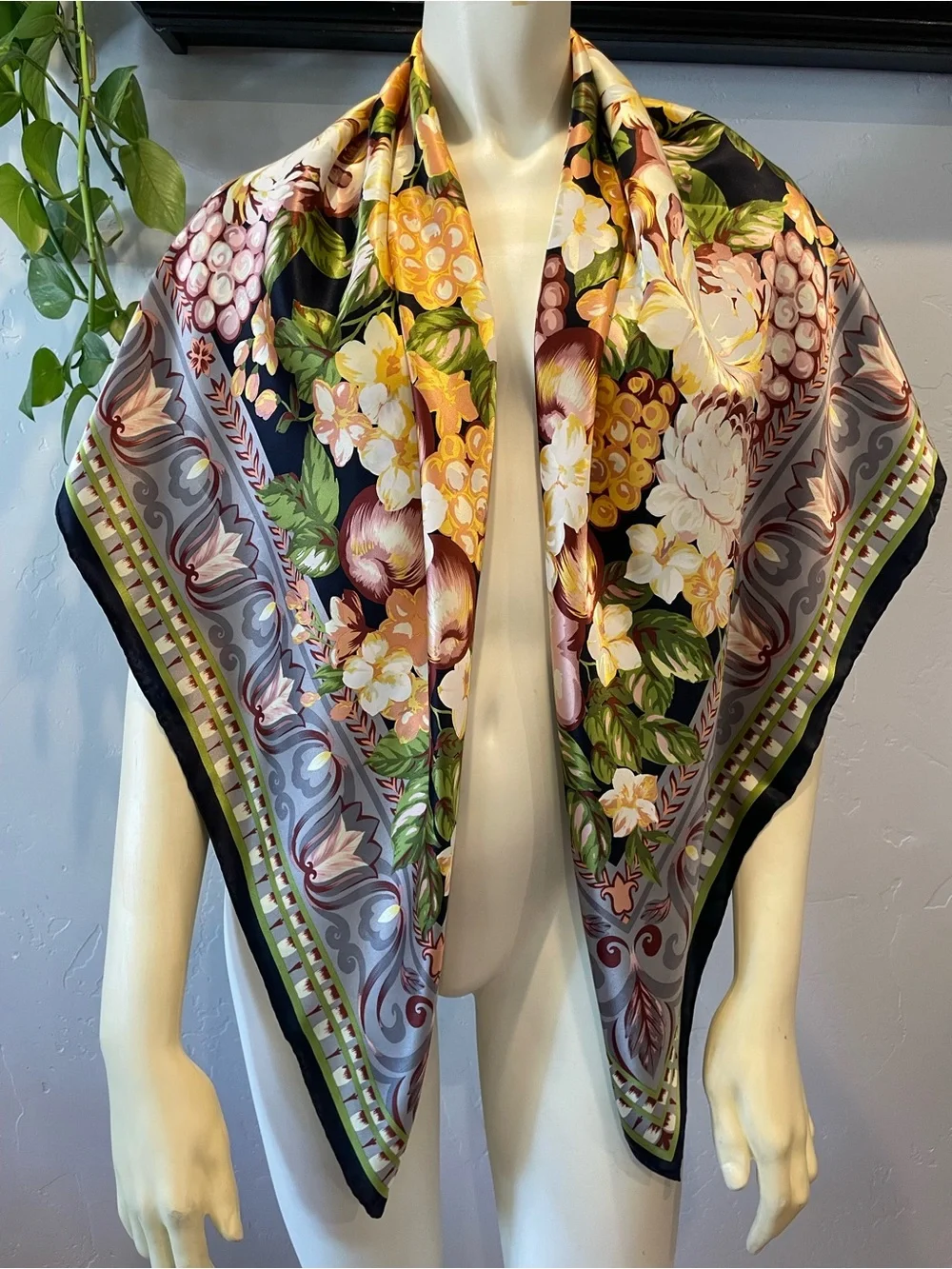 Pristine vintage 100% silk Floral Fruit Print Scarf - Yellow, Green, Black