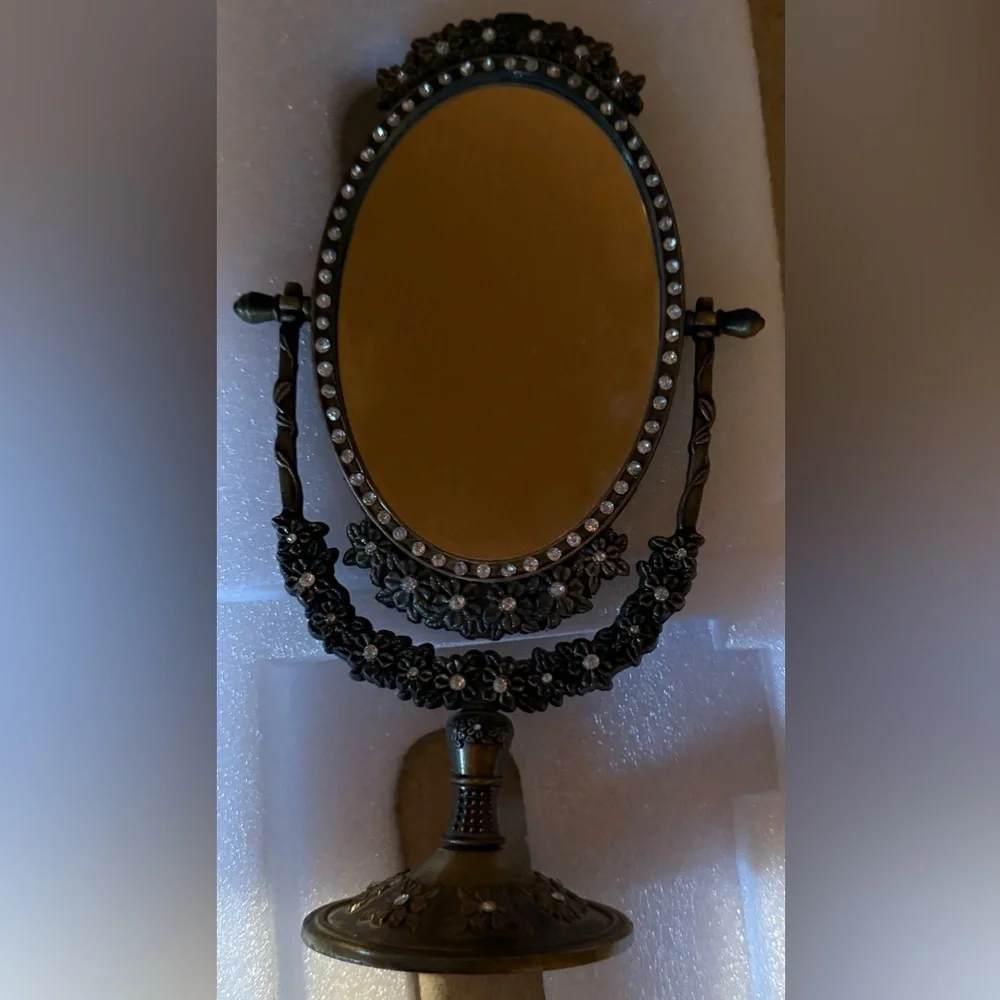New mirror and picture frame on a stand decorated with crystals ~10 inches tall