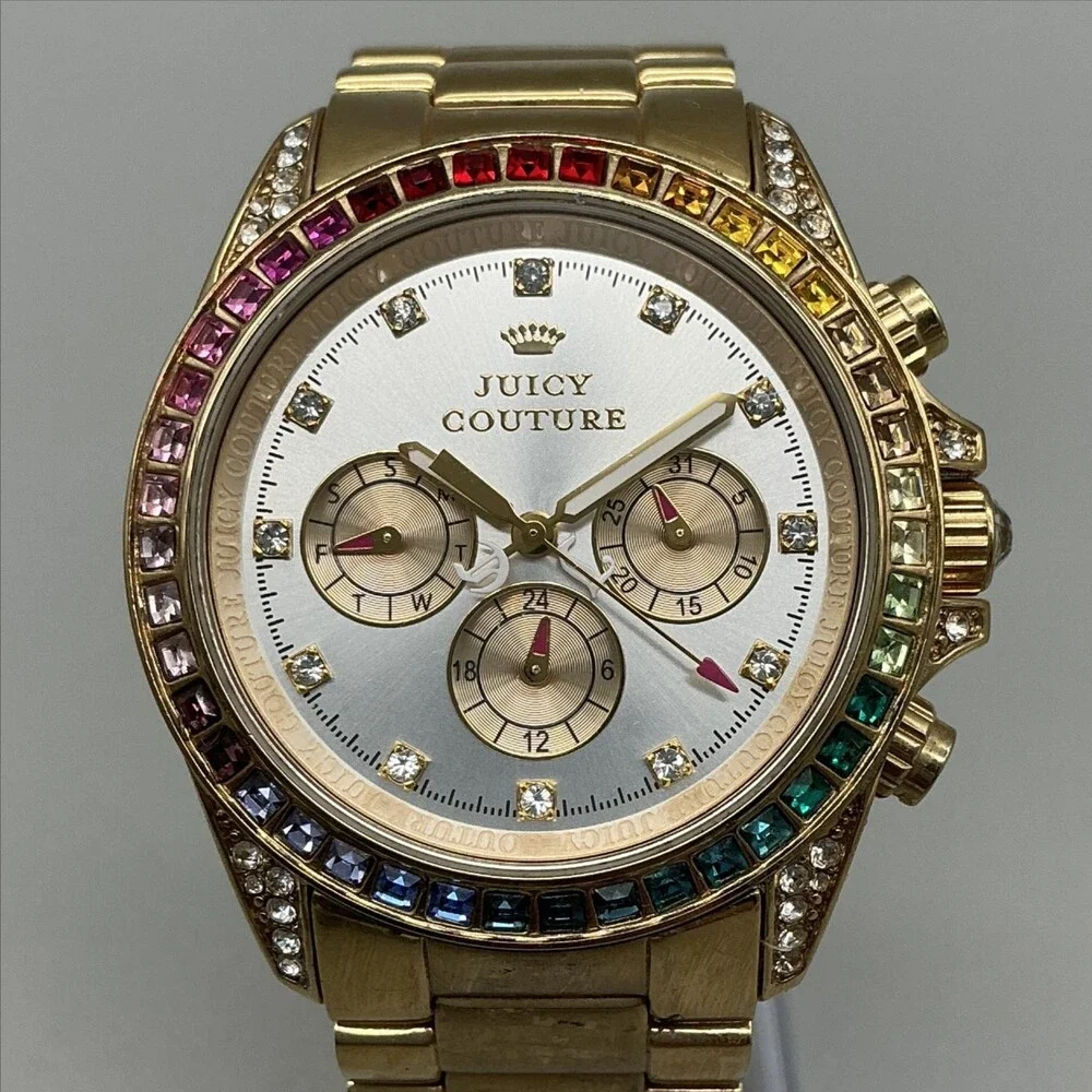 Juicy Couture Stella Womens Watch 40mm Gold Tone Rainbow Crystal New Battery 7