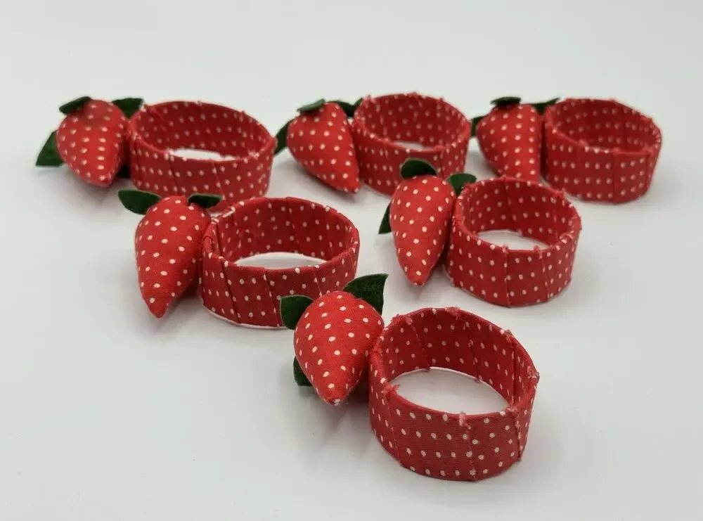 Set of 6 Vintage Red Strawberry w/Leaf Ribbon Napkin Rings Cottagecore Kitch