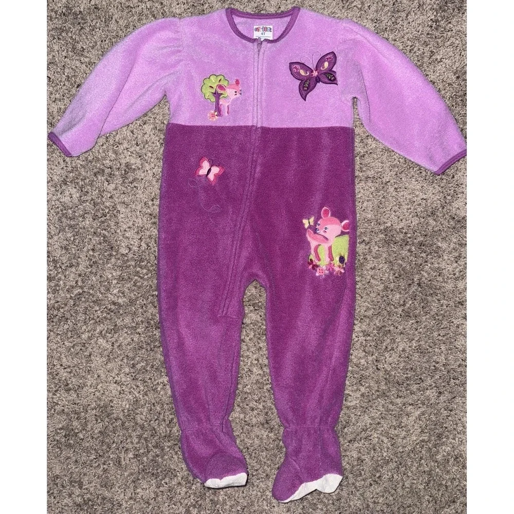 Vintage Y2K Okie Dokie Purple Fleece Sleeper Footie 4T‎ JCPenney Deer Butterfly