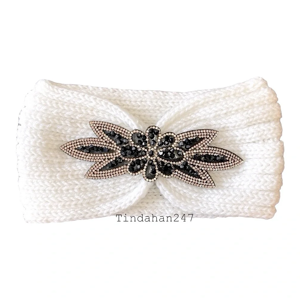 Daisy Gem Flower‎ Design Milky White Knit Knot Crochet Handmade Headband