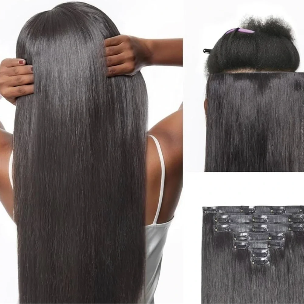 LUVME Natural Black Human Hair Zero Trace Seamless 16” Clip In Hair Extensions