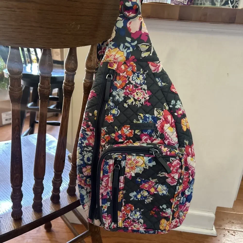 Vera Bradley Sling Backpack Pretty Posies Gray Pink Multi Floral Quilted Iconic