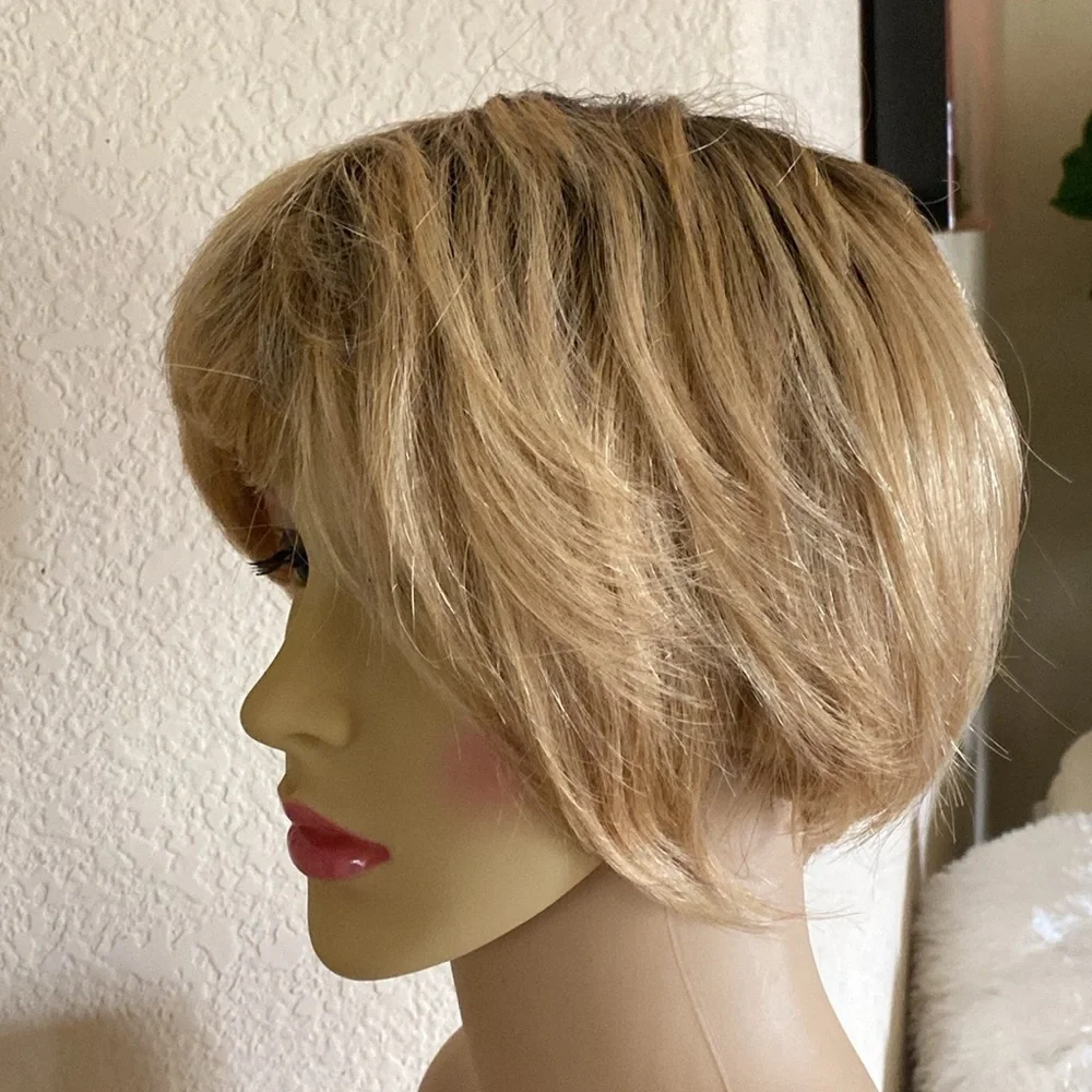 Honey Blonde Tapered Pixie Bob Dark Roots Synthetic Wig Feminine One Size Chic