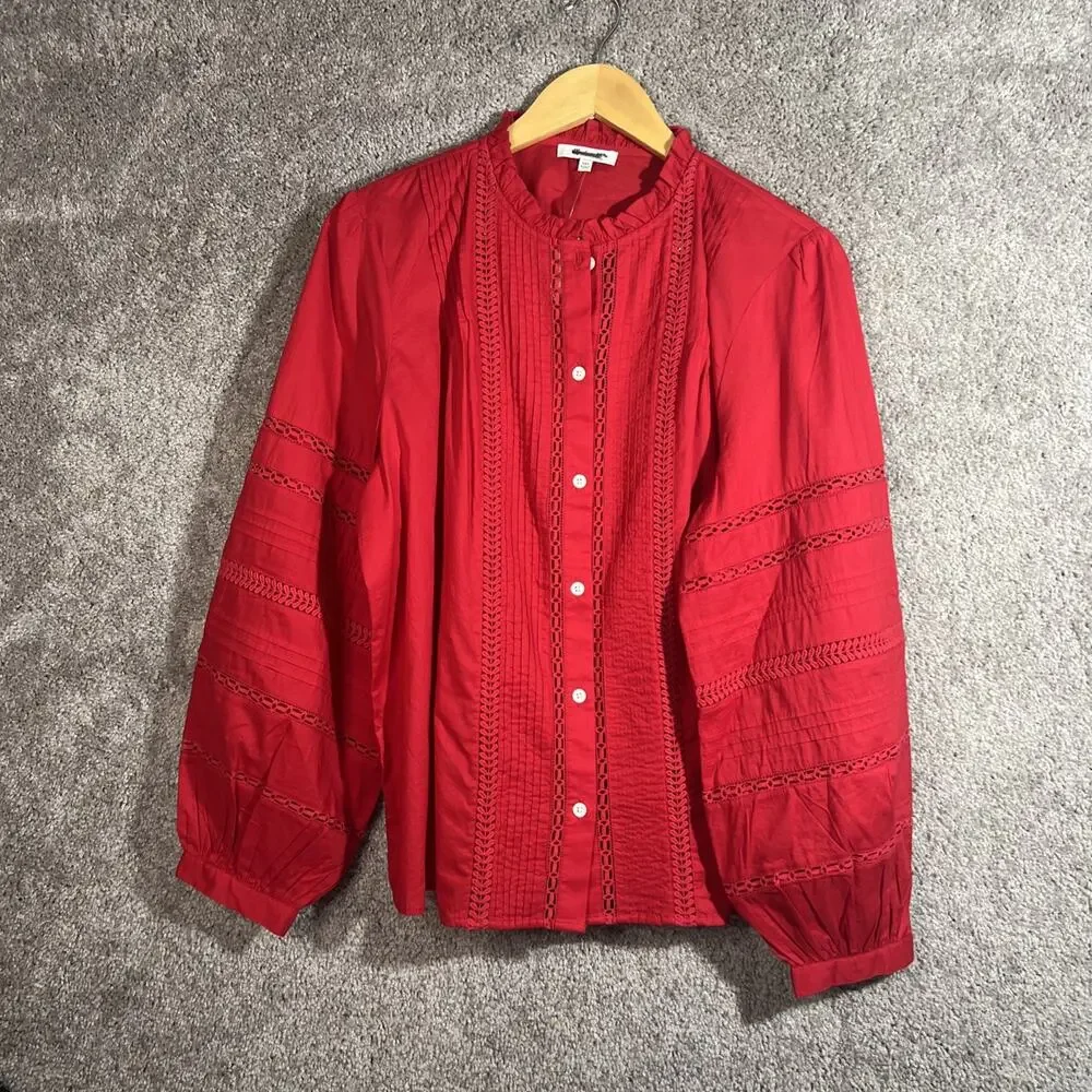 Madewell Women's XXL 2XL Red Lace Pintuck Long Puff Sleeve Blouse NWT Boho Top