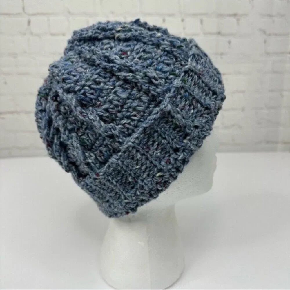 Created By Cyd Tweed Blue‎ Wool Cable Knit Beanie Hat Handmade Ireland NEW