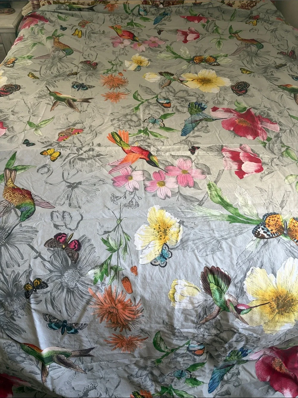 Pottery Barn Floral & Hummingbird Duvet Cover in Gray with Multicolor Accents