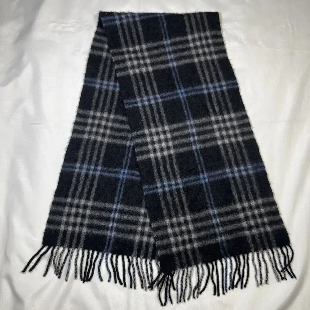 Geoffrey Beenne 100% Cashmere Scarf Black Gray Blue Plaid Fringe 48