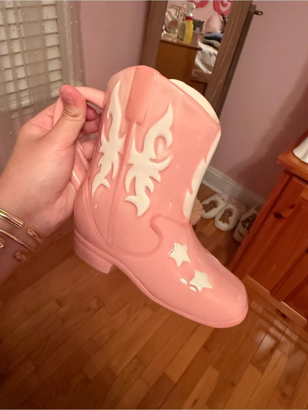Pink Ceramic Cowboy Boot mug  with White Accents