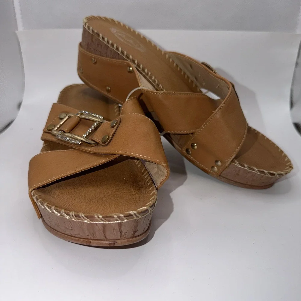 Italina Womens 10‎ Tan Wedge Sandal Rhinestone Buckle Boho Coastal Summer Slides