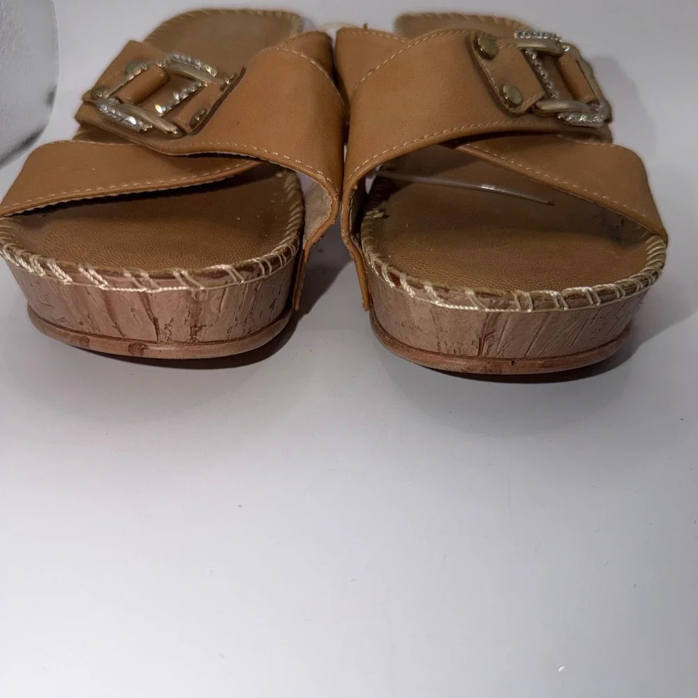 Italina Womens 10‎ Tan Wedge Sandal Rhinestone Buckle Boho Coastal Summer Slides