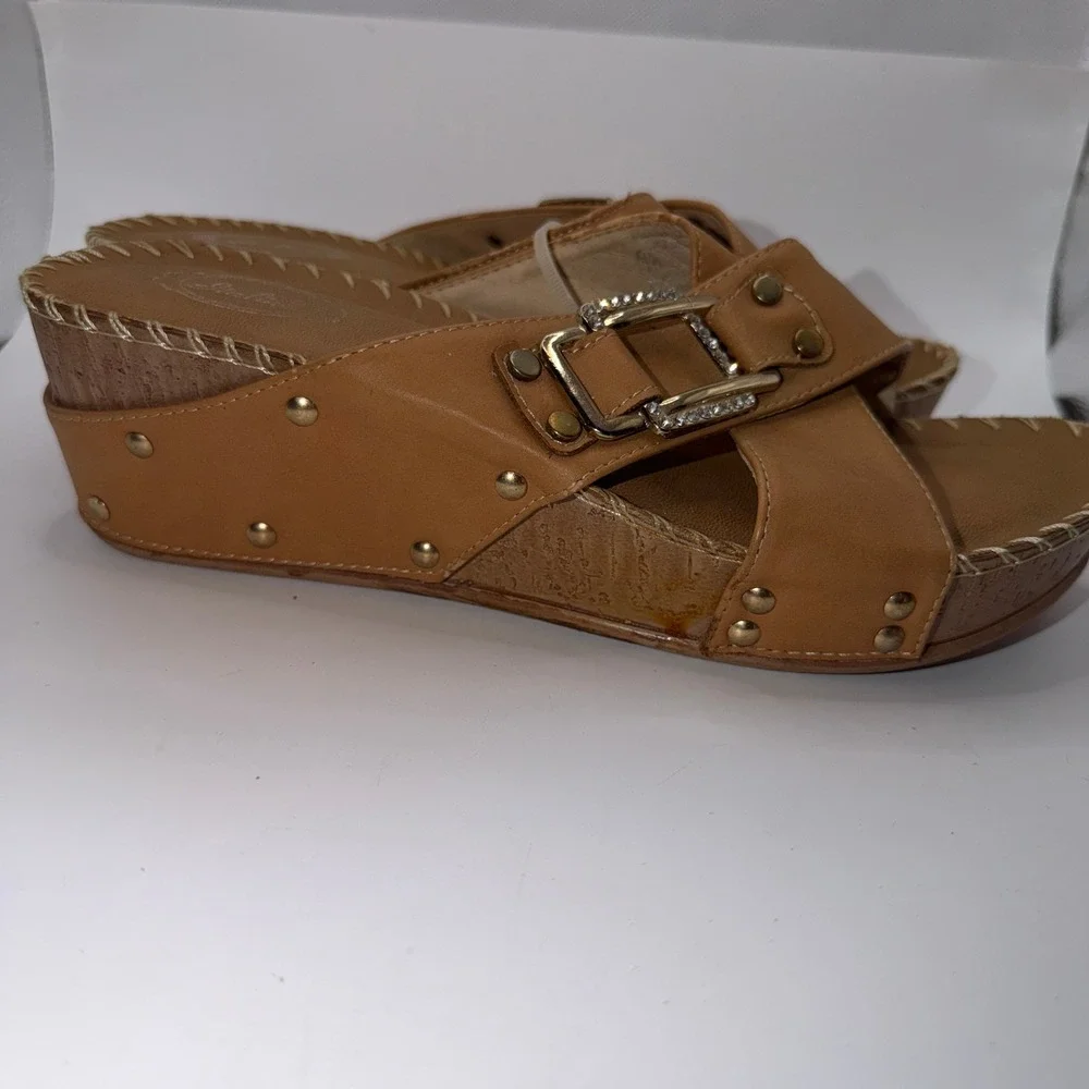 Italina Womens 10‎ Tan Wedge Sandal Rhinestone Buckle Boho Coastal Summer Slides