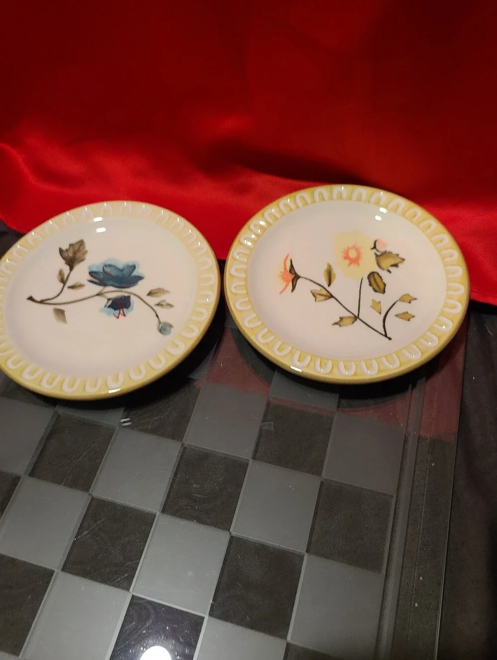 Yellow Rim Floral Ceramic Side Plates - Set of 2 Small Serving Plates Collect