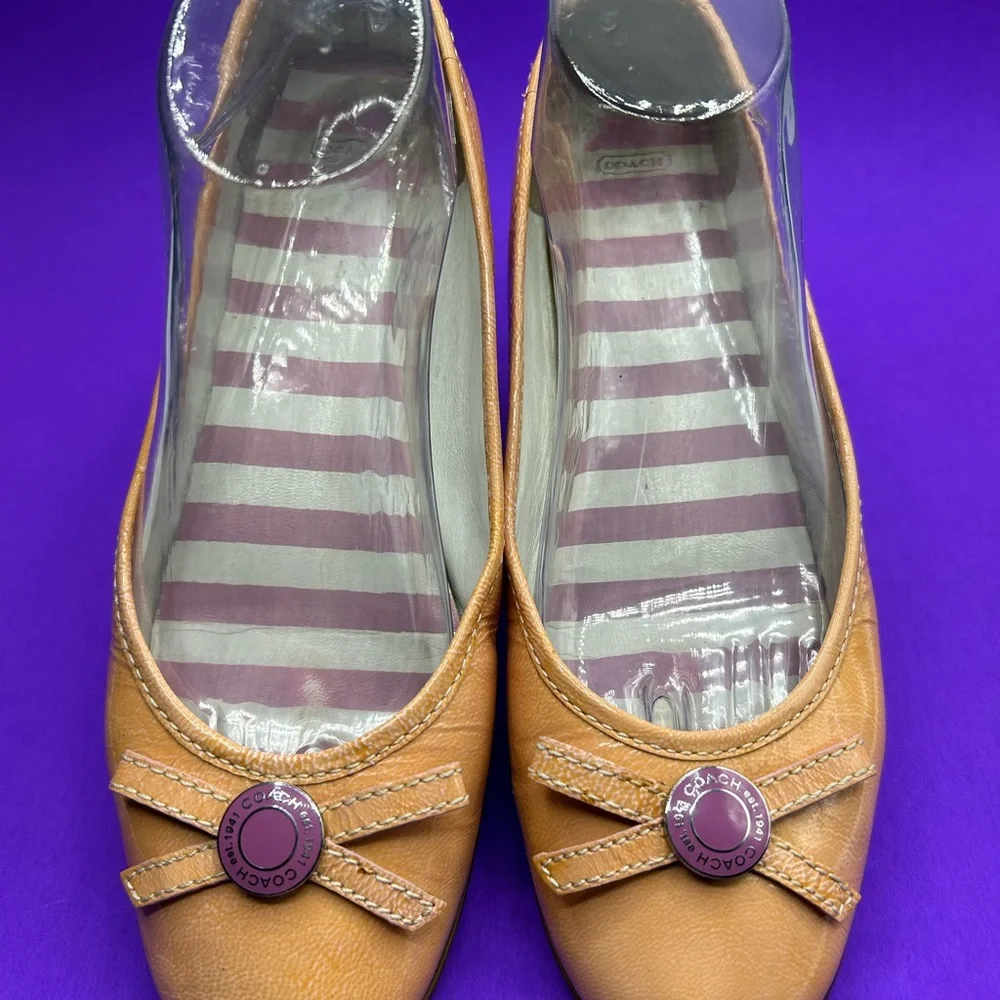 Coach Tan Leather Ballet Flats with Purple Button Detail
