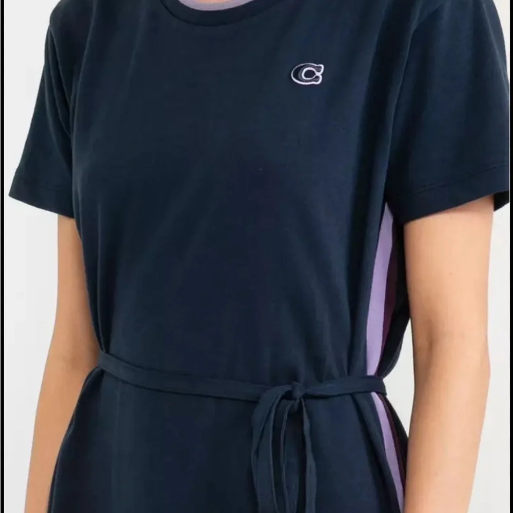 Coach Logo T-Shirt Midi Dress Blue Purple Stripe Self Tie Small M2