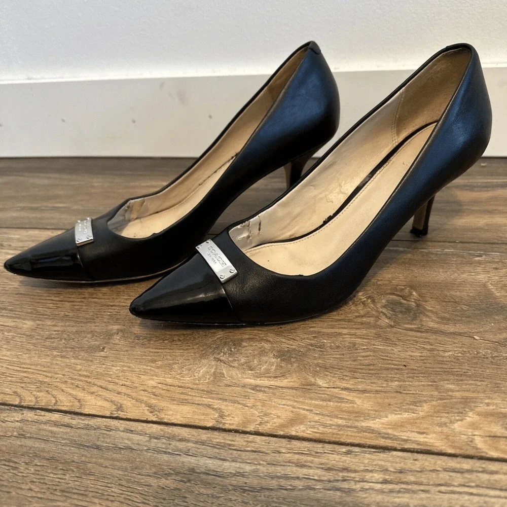 COACH vintage Black leather upper shell slip on pump shoes 9.5 B damaged‎