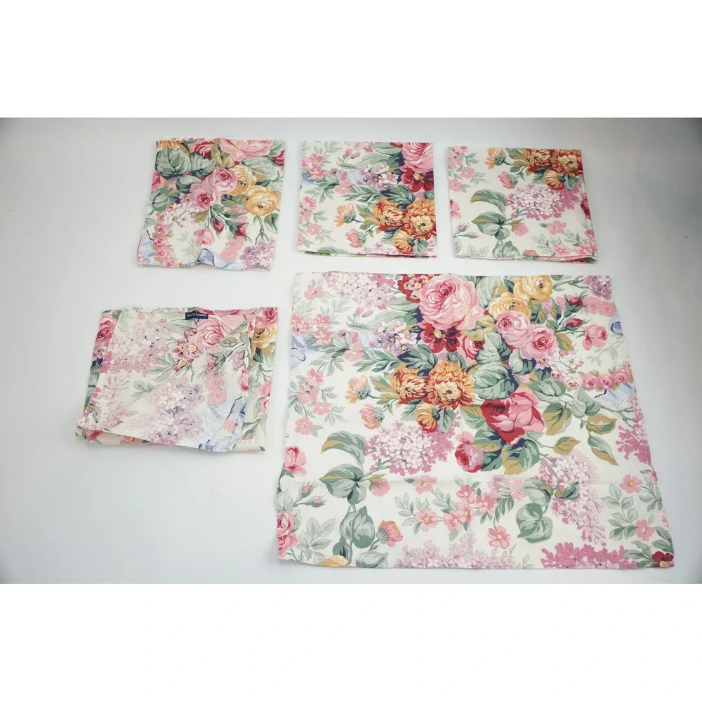 Ralph Lauren Napkins Set of 4 Floral Rose Pink Yellow Blue Cotton Excellent