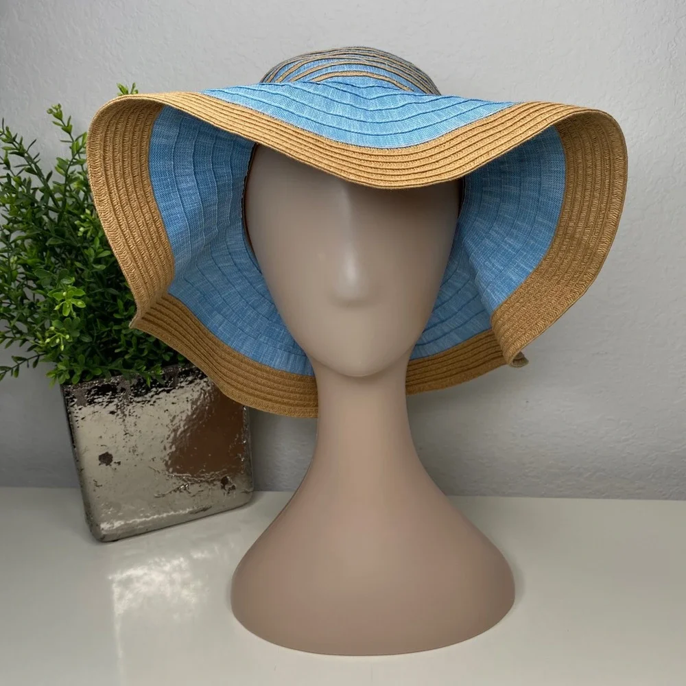 Tahari Womens Wide Brim Floppy Sun Hat Blue Tan Striped Bow‎ Detail Costal Chic