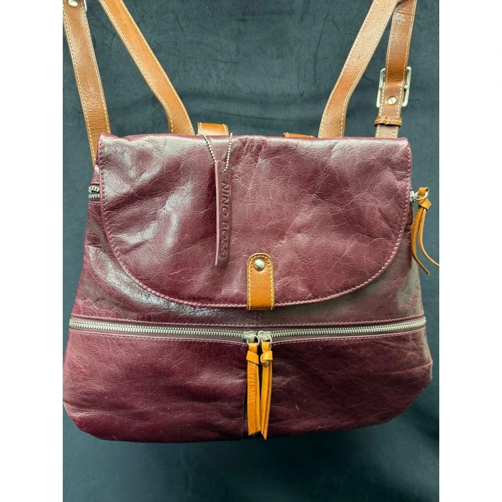 Nino Bossi Burgundy Leather Bookbag Purse Hobo Y2K Travel Bag Backpack Purse