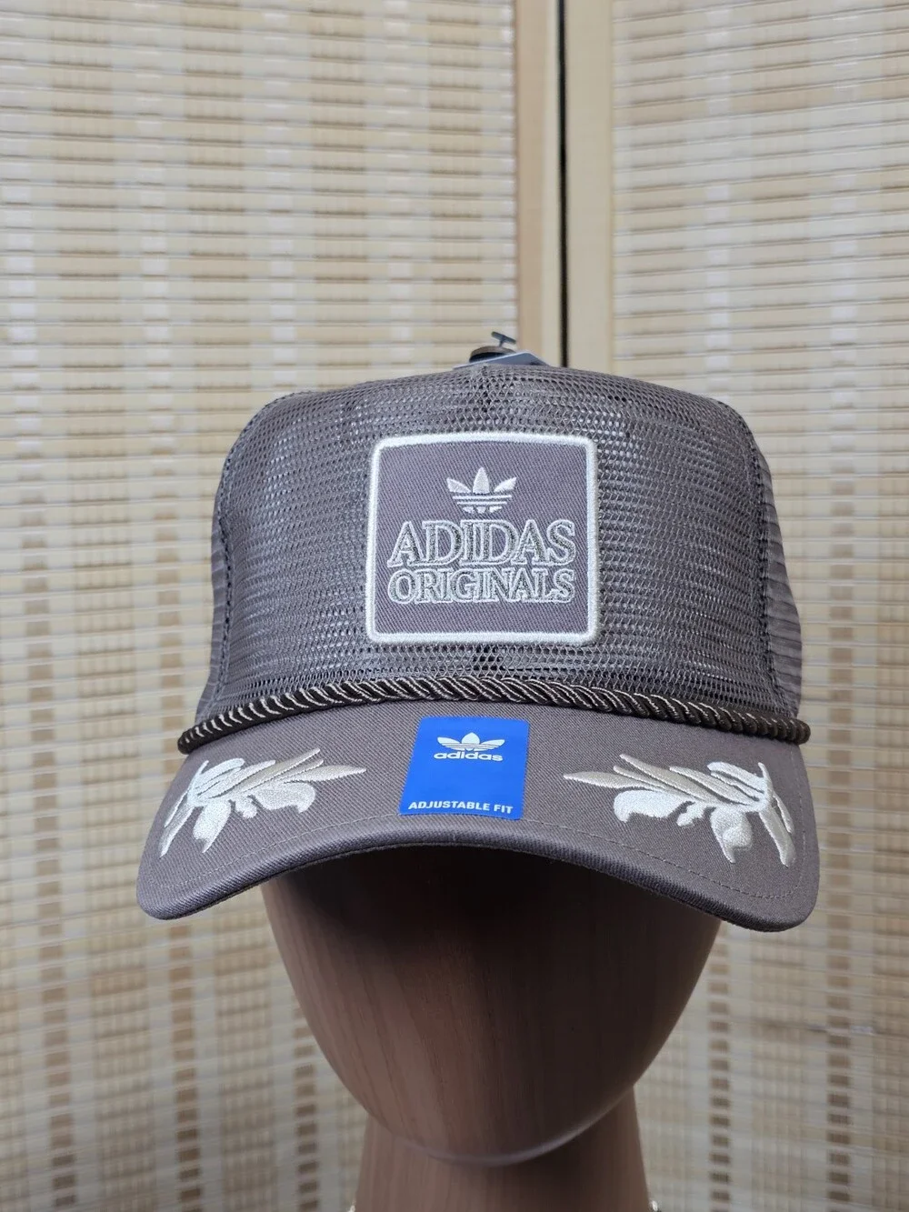 Adidas Originals Brown Mesh Trucker Hat Embroidered Leaf Rope One Size NWT