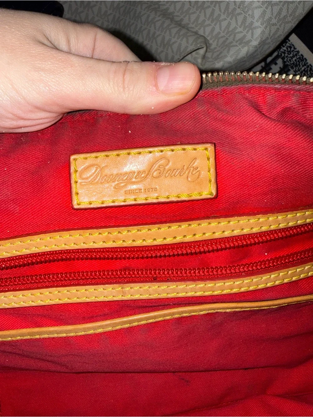 Dooney & Bourke Beige Snake-Print Tote with Orange Trim and Red Handles