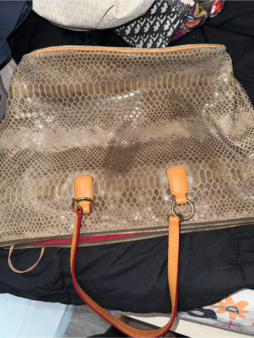 Dooney & Bourke Beige Snake-Print Tote with Orange Trim and Red Handles