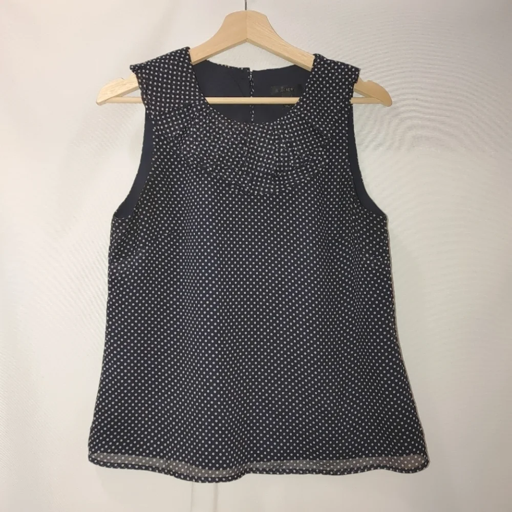 J. Crew Sleeveless Blouse Navy Blue While Polka Dot Silk Overlay Classic Neutral